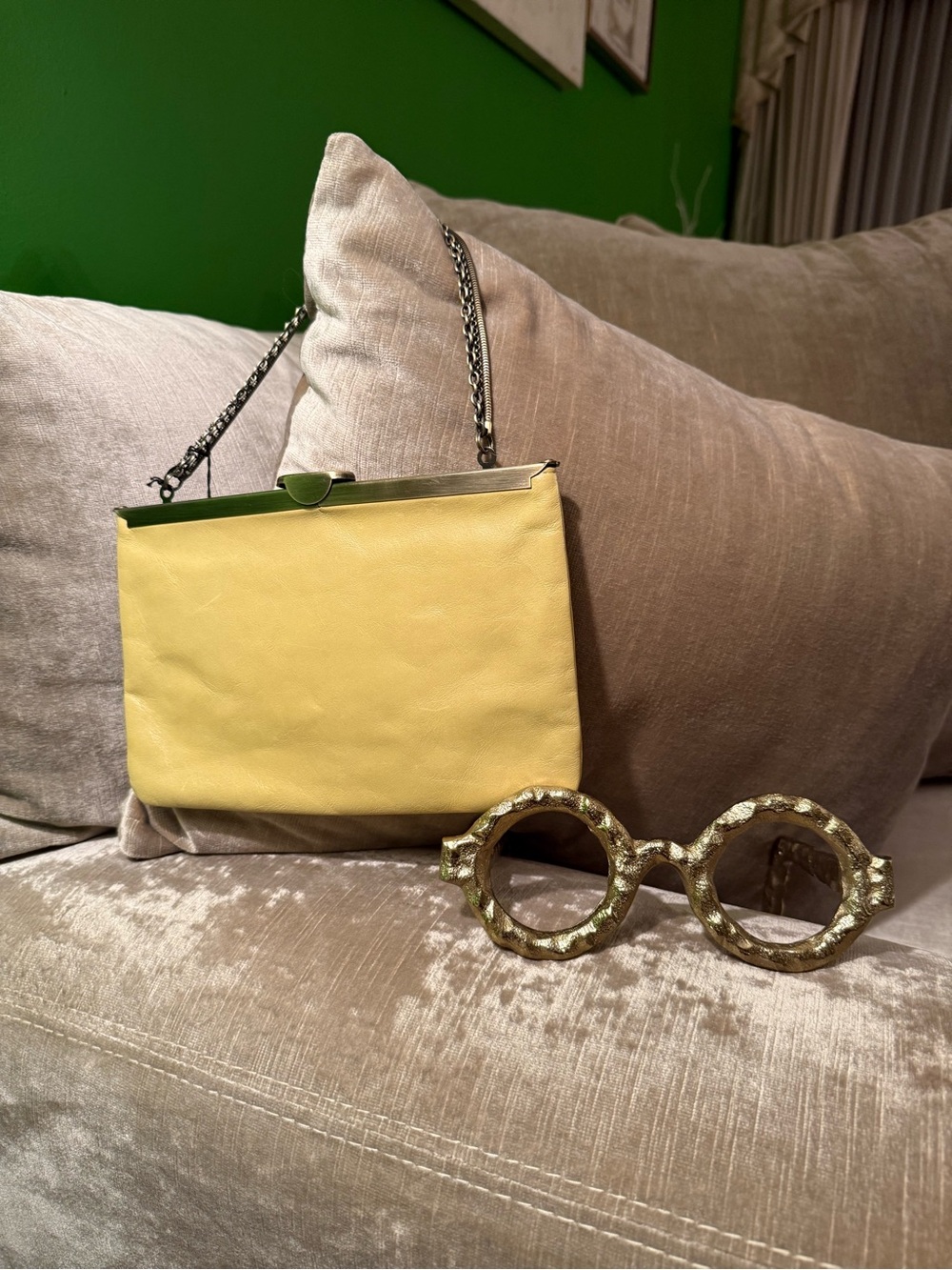 HOBO International Bergman Lemon Leather Chain Frame Clutch Shoulder Bag